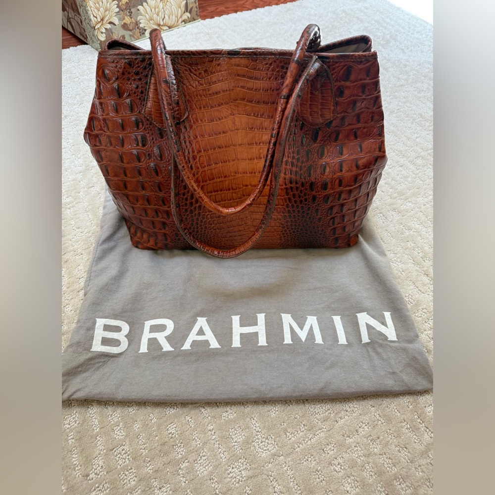 Brahmin Brown Crocodile-Embossed Tote Bag